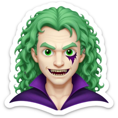 Vampire, long curly hair, male, fanged teeth, stitches with one side of face green and the other side purple, sticker