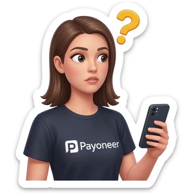 Girl looking at her phone with wondering face and a question mark wearing dark tshirt with payoneerwritten on it sticker