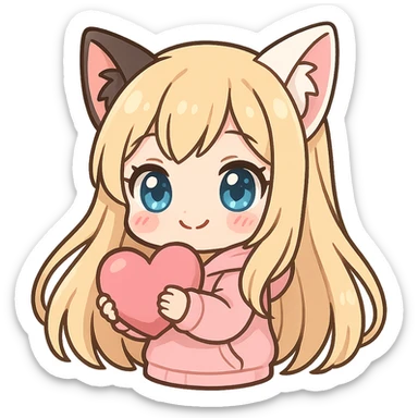 extra cute, extra chibi anime catgirl Twitch emote, one black cat ear and one white cat ear, blonde extremely long hair, blue eyes, white skin, pastel pink hoodie, hugging a heart, no background sticker