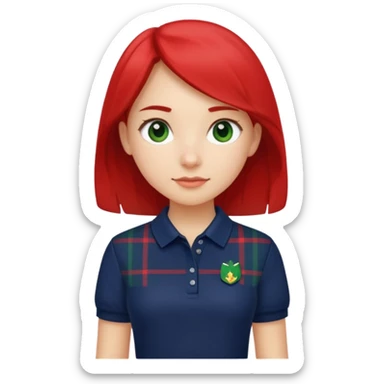 School uniform with navy polo shirt and navy plaid skirt with green white and red  sticker