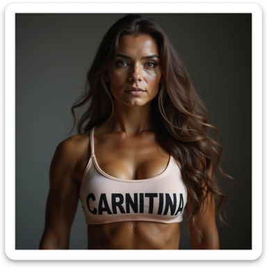 female bodybuilder with long hair, hyperrealistic, large block letters "CARNITINA" on chest, 4k quality sticker