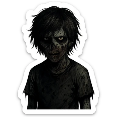 boy zombie with medium-long shaggy black and brown emo hair, dark and spooky, creepy expression sticker