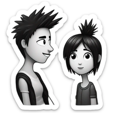 a dog and a girl with black spiky hair looking at each other in style of ((sarah andersen)), black and white,sarah andersen,cartoon,drawn sticker