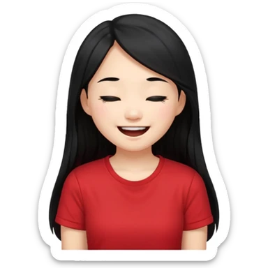 Cute asian girl with long hair and red t shirt who is laughing with eyes closed sticker