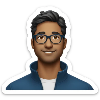 29 year old indian tech founder clean shaven in blue quarter zip with black and white tortoiseshell glasses sticker