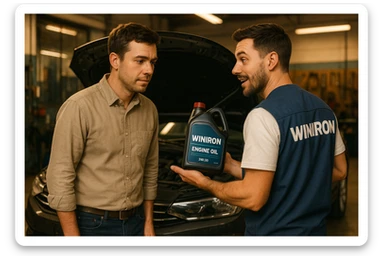 Create a realistic automotive workshop scene. Two men are standing next to a car with its hood open. One man is a customer listening attentively. The other man is a Winiron employee wearing a white T-shirt and a blue vest with a “WINIRON” logo on the back. The Winiron employee is holding and recommending a Winiron engine oil canister. Background shows a workshop interior with tools, soft warm lighting, realistic reflections on the car body. Cinematic, detailed, 8K hyper-realistic, professional commercial photography style. sticker
