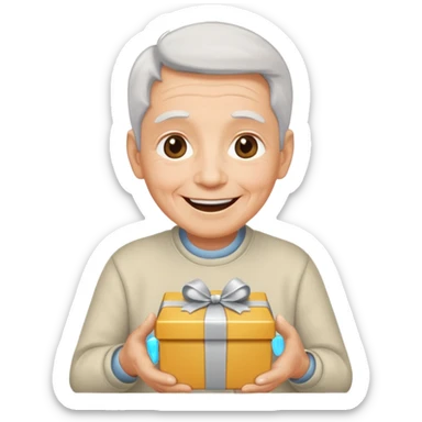 Una persona mayor recibiendo un regalo plateado. Se muestra sonriente y alegre los ojos llorando de felicidad se ve rejuvenecido sticker