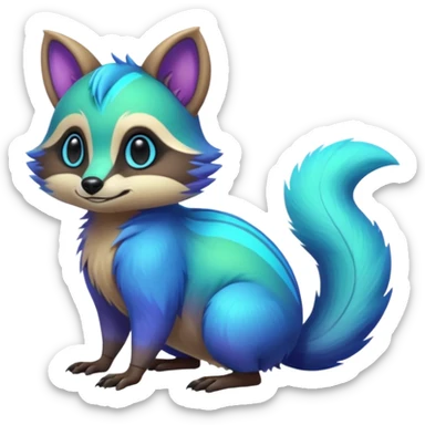 Cute hyper-realistic Iridescent Neon Green-Cyan-Blue-Purple Tanuki-Numbat-Sergal-fusion-hybrid-animal-creature, full body sticker