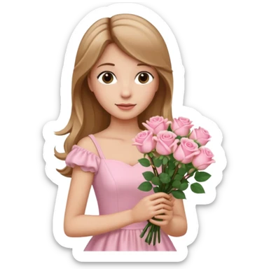 A beautiful princess with light brown hair and blonde streaks wearing a light pink dress and holding a bouquet of light pink roses  sticker