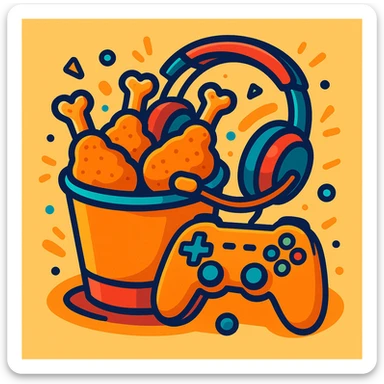 fried chicken with gaming elements such as controller and headset, fun and modern style sticker