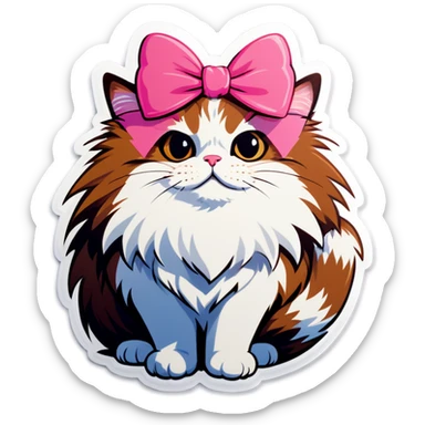 Brown and white fluffy cat with pink bow sticker