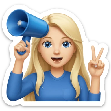  blue eyes blonde girl yelling into megaphone smiling long hair holding up finger sticker