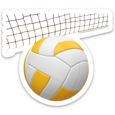 The background shows the stands filled with spectators, creating an energetic atmosphere of a volleyball match, with attention to detail on the equipment and the surrounding environment. A close-up of a volleyball on the court, with the net in focus and the court markings visible.  sticker