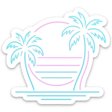 neon 80s icon with pink and blue colors, palm silhouettes, Vice City style, retro Miami energy, no text, glowing and vibrant sticker