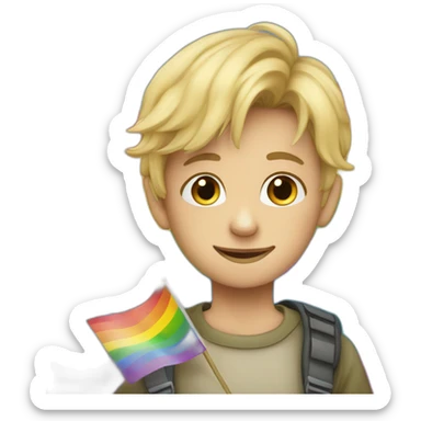 a young blond boy holding a rainbow flag "vivouk lamouk" sticker
