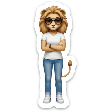 confident anthropomorphised female lion, full body, arms folded, wearing jeans, white t-shirt, dark sunglasses, trainers, looking determined sticker