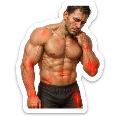 25-year-old bodybuilder with joint pain and pained posture, hyper realistic style, visible muscles, multiple red joints, tired expression, text 'Dolori da collagene basso', clinical atmosphere, light background sticker