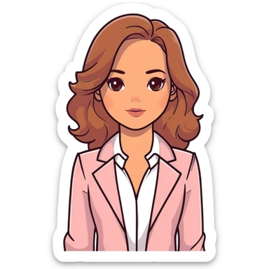 A 30-year-old woman with tanned skin, light brown long wavy hair, delicate face, almond-shaped eyes with smoky foxy eye makeup, brown eyes, wearing a light pink blazer and white satin cowl neck blouse with thin straps sticker