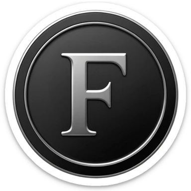 Emoji icon of a black coin with engraved letter F, minimalist style, isolated, no color sticker