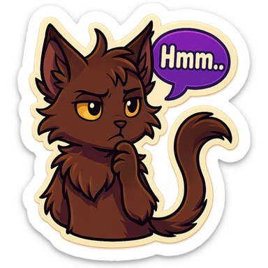 a dark-brown fluffy cute kawaii anthropomorphic furry anime cat-furry with tufted ears, golden eyes, and a long thin tufted tail, thinking, frowning thoughtfully, saying “Hmm..” with a purple speech bubble, (cartoon style) (cute anime style) (furry style) (deviantArt style) (artist style: Kamirah) sticker