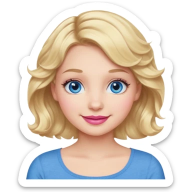 Girl Blonde short wavy hair,  blue eyes, cute blue top, long lashes, pink lips, 👄 smiling  sticker