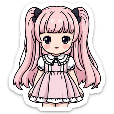 pale girl with straight long black and baby pink swirled hair with bangs, grey eyes, doll-like makeup, wearing a light pink lolita hime gyaru dress, sticker style sticker