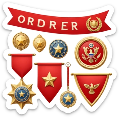 Icon for Collecting Orders, Medals & Badges: a variety of vintage orders and badges, displayed neatly on a big red pennant. The icon should reflect the honor and historical significance of these collectible items. Transparent background. sticker