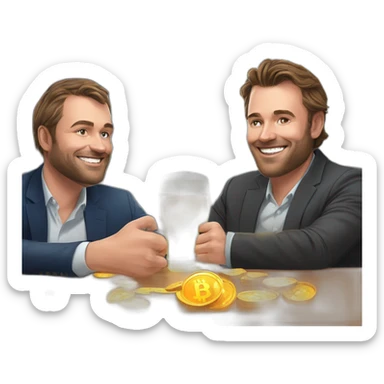 Ceo of coinhouse Nicolas louvet and ceo of cube3 Valentin Demé drinks a beer with bitcoin around him sticker