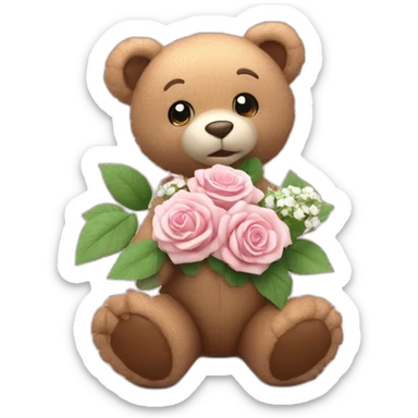 animated teddy bear holding delicate soft pink roses mixed with small white flowers, green leaves, 3D RENDERING sticker
