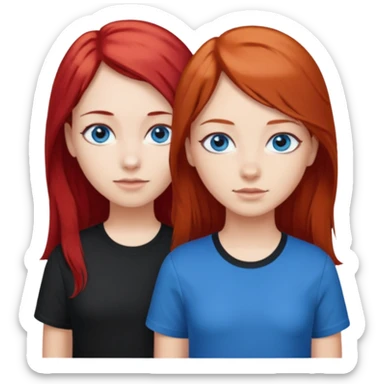 Two girls, first one with red long hair and blue eyes and black shirt, second one with short-medium brown hair and blue eyes and white shirt sticker
