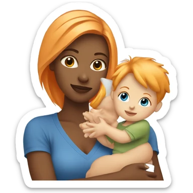 Orange hair girl wearing blue holding a blonde baby boy sticker
