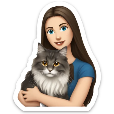 long straight haired blue eyed brunette woman holding norwegian forest cat with amber eyes sticker