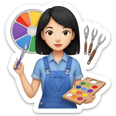 Créame emoji de una mujer que sea diseñadora industrial, pelo negra, piel morena, femenina con overol y una paleta de colores o herramientas de taller  sticker