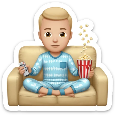 male memoji, in pajamas, sitting on couch, holding TV remote controller, relaxed face, casual home vibe, popcorn bucket on couch sticker