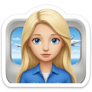 a blonde girl with long hair and blue eyes on a plane sticker