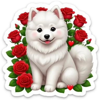 samoyed sitting surrounded by red roses and hearts sticker
