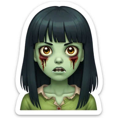 zombie girl with big straight black hair and bangs with greenish skin  sticker