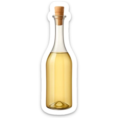 tall elegant glass bottle of pale golden white wine vinegar, smooth curves, narrow neck, light beige cork or cap, clear warm-tinted liquid visible, no label or garnish, soft lighting, emoji scale sticker