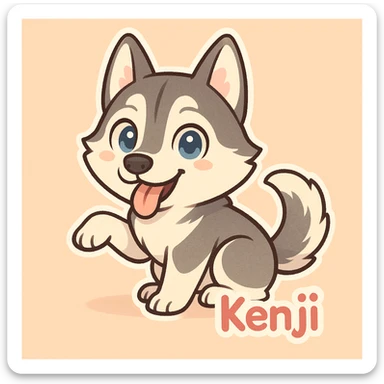 Create a chibi sticker of a playful Husky dog inspired by the right dog in the reference photo. Include the name 'Kenji' in a cute font. Use a simple background suitable for chibi stickers style. sticker