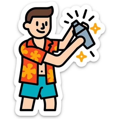 human male Unbuttoned Hawaiian shirt, swim trunks, shaking a cocktail shaker (sparks flying) sticker