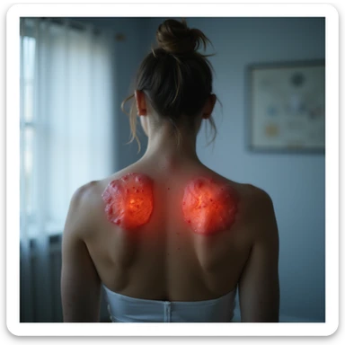 hyperrealistic 4K image of a woman seen from behind with inflamed shoulder blades, red and shiny skin between the shoulder blades, clinical environment, variant 3 with slightly changed shoulder position sticker