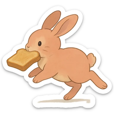 peach bunny running with toast in mouth, soft Ghibli style sticker