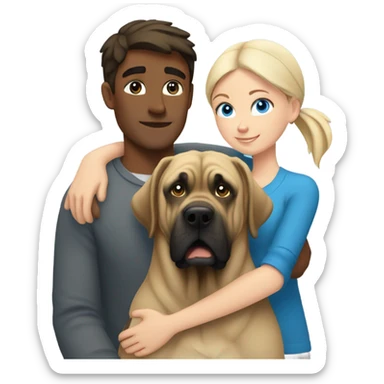 Brunette blue eye man and blonde blue eye girl hugging an English mastiff dog sticker
