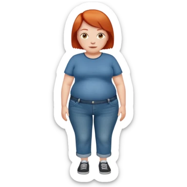 Lazy old Short woman with straight short red hair and fat tummy..wears jeams and full tahirt sticker