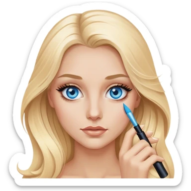Cinematic realistic blonde with long hair, blue eyes with mascara in her hands sticker