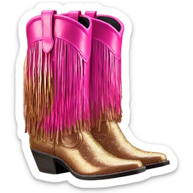 Realistic hot pink to bronze ombre pair of fashion cowgirl boots with sparkly shiny glitter fringe on them. sticker
