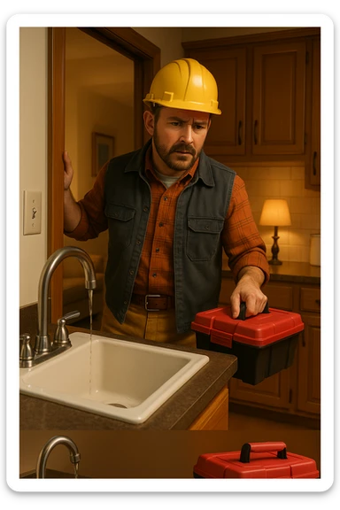 Vertical format, same scene: construction worker entering home, toolbox in hand, noticing leaky faucet, cozy home environment. Version 1. sticker