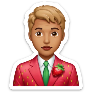 Mn wearing strawberry suit with a sultry look and lip bite sticker