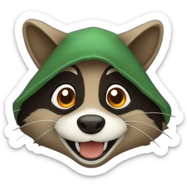 brown raccoon with orange eyes and a dark green hood that is laughing sticker