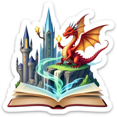 Icon for Fantasy and Science Fiction: a magical book with glowing pages, surrounded by a dragon, a spaceship, a wizard’s staff and a futuristic cityscape. The icon should capture the adventure, magic, and imagination of fantasy and sci-fi worlds. Transparent background. sticker